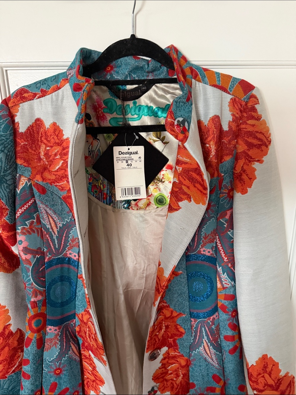 Desigual Light Gray Coat with Bold Red Floral & Teal Panels - Picture 2 of 5